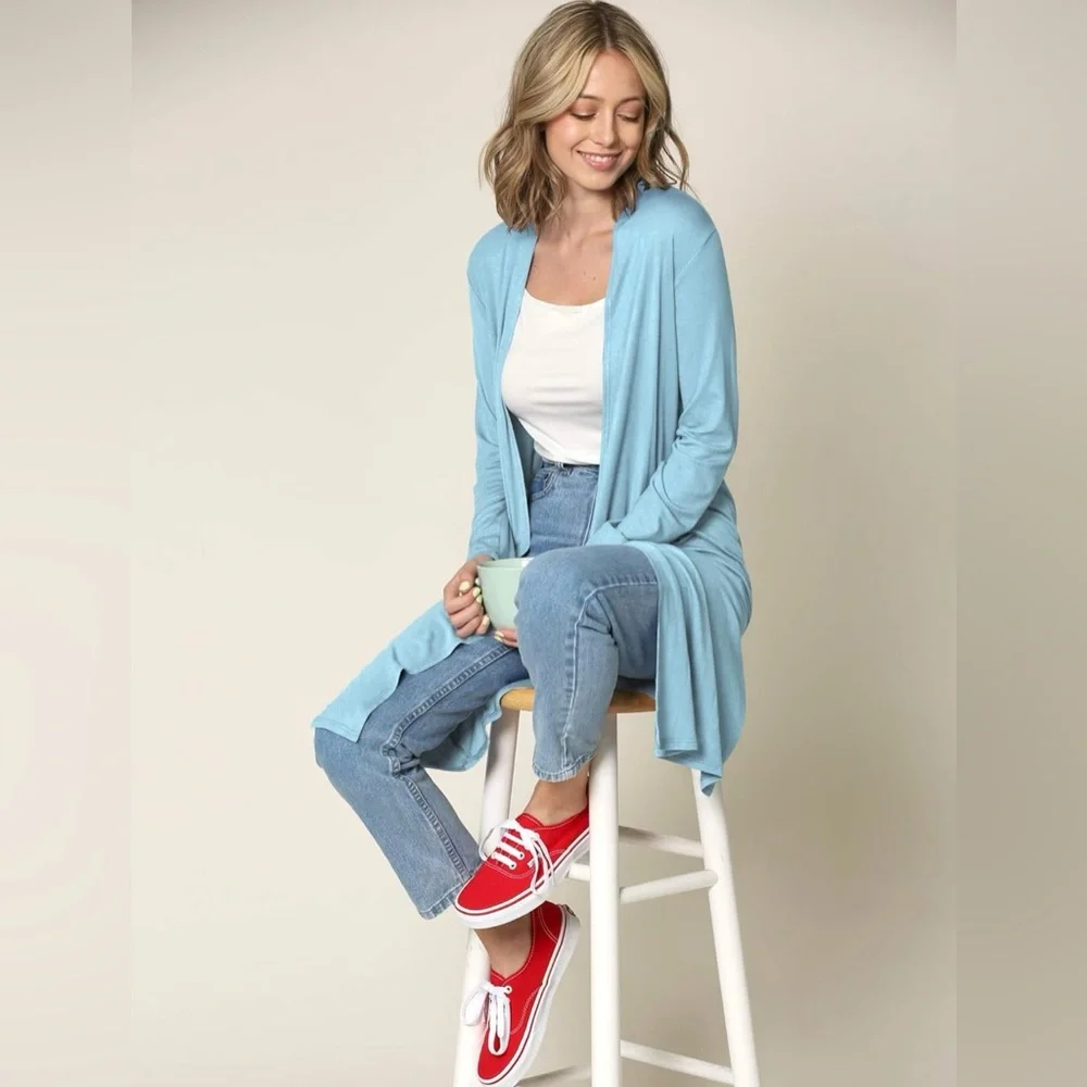 Solid Long Sleeve Open Front Long Cardigan -aqua - Picture 4 of 5